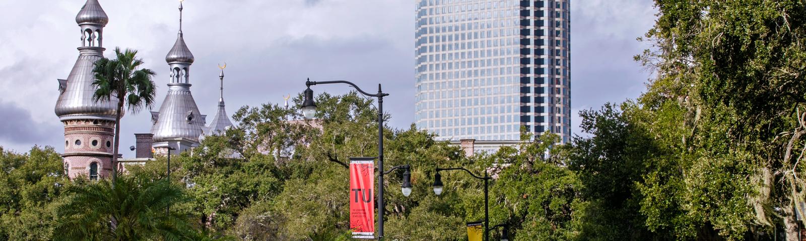 Trees with minarets and a skyscraper in the background 